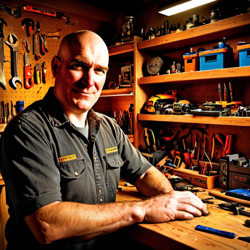 Man smiling in a workshop with tools.